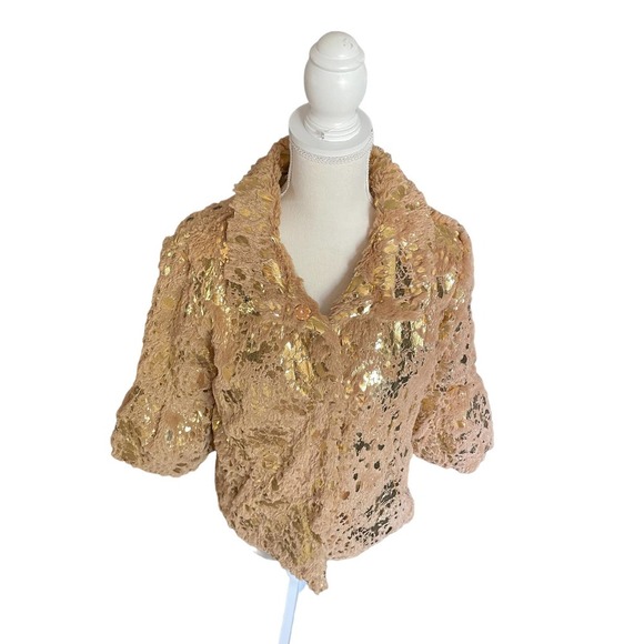 NWT Collection Eighteen Womens Faux Fur Jacket Collared 3/4 Sleeve Size S/M Gold - Picture 3 of 6